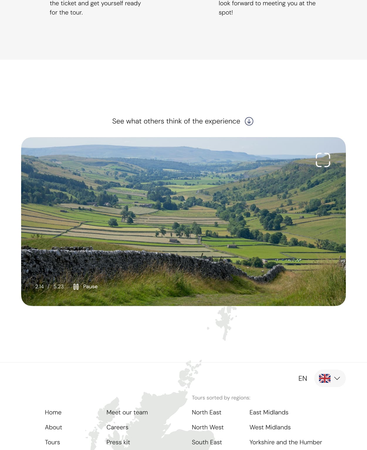 Homepage of a tour service site featuring hiking trails in England - video presentation section, tablet breakpoint. The video is being played.